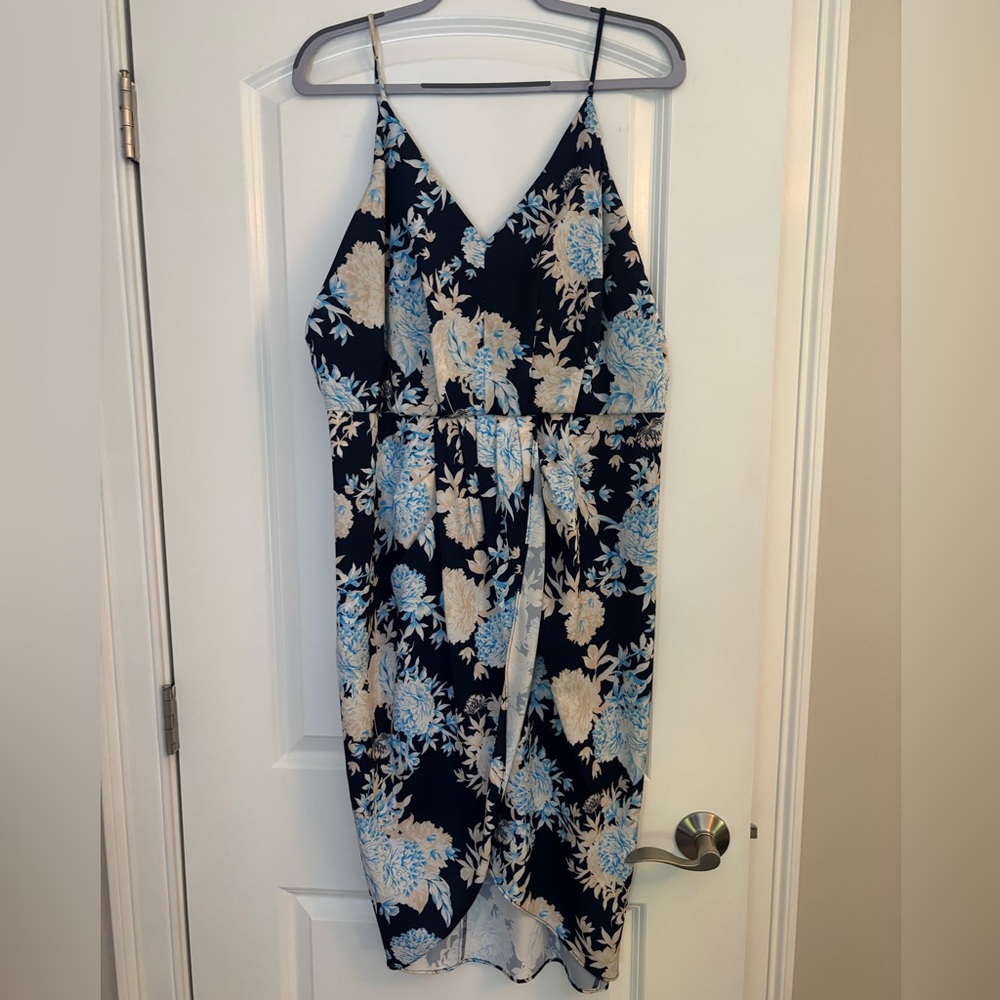 Floral V-Neck Wrap Dress in Blue and Cream